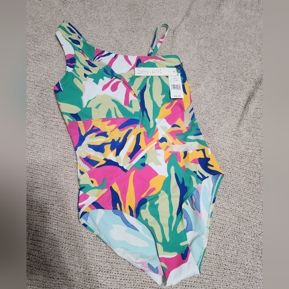 NWT Beyond Control Colorful One Shoulder One Piece Swimsuit Size 14 - Picture 5 of 10